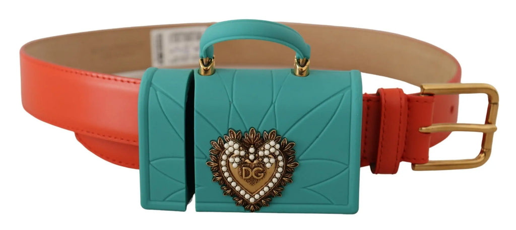 Boucle de ceinture turquoise matelassée avec emblem coeur dg perlé et ferrures dorées pour sac en cuir orange dolce gabbana