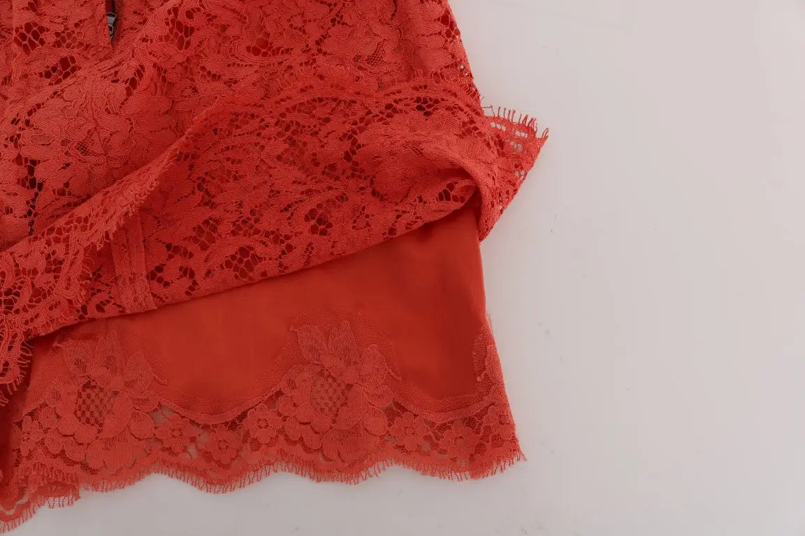 Dolce & gabbana jupe crayon orange en dentelle macramé avec motifs floraux et bords effilochés sur tissu uni