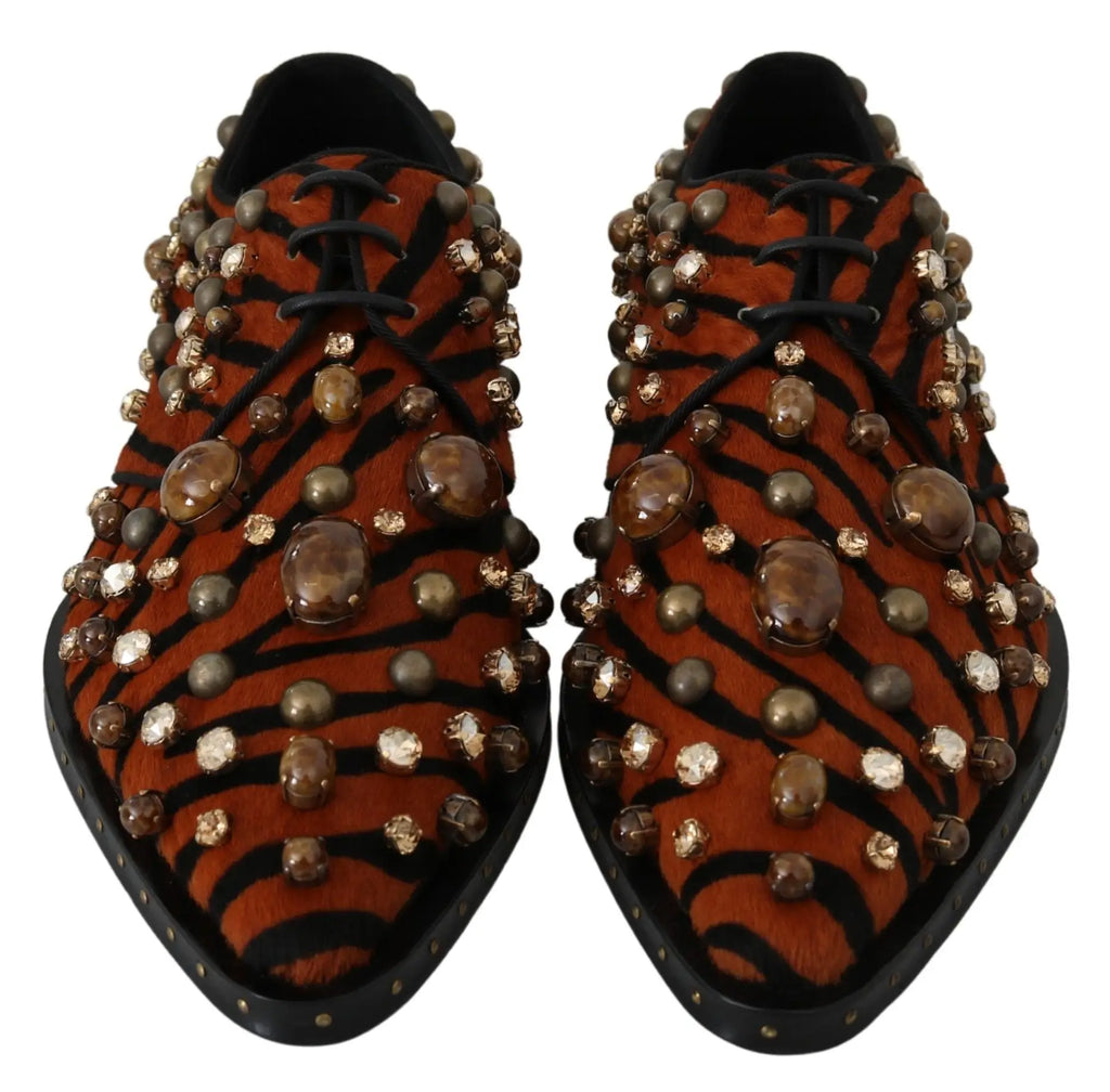 Dolce & gabbana chaussures brogue en cuir orange pony hair avec détails cristal et chaussures oxford en daim marron rayé tigre avec clous métalliques et ambre