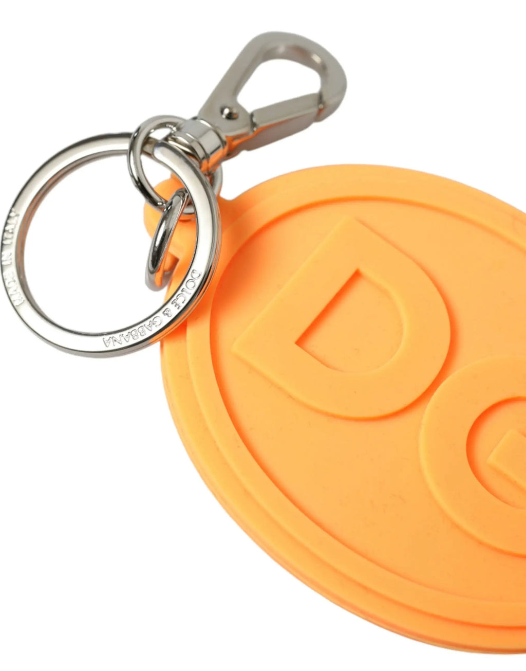 Porte-clés dolce & gabbana orange en silicone avec logo dg en caoutchouc et attache en métal argenté en laiton