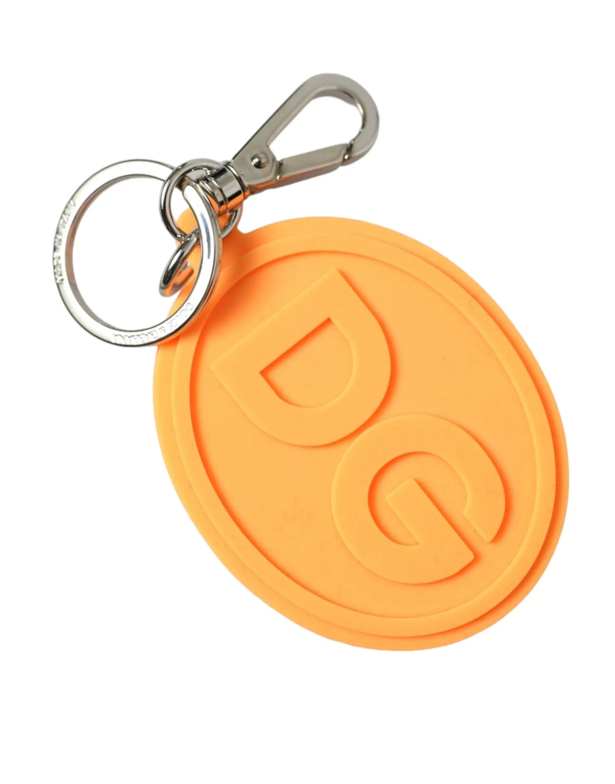 Dolce & gabbana porte-clés rond orange en silicone avec logo dg embossé et attache en métal argenté