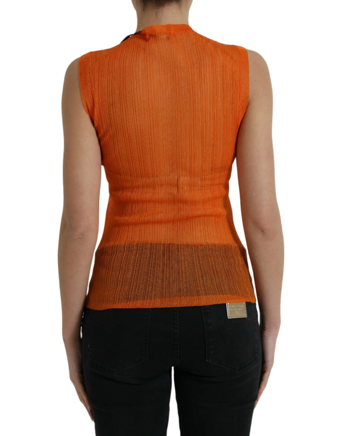 Orange pleated sleeveless blouse with darker orange waist band by dolce & gabbana in see through fabric