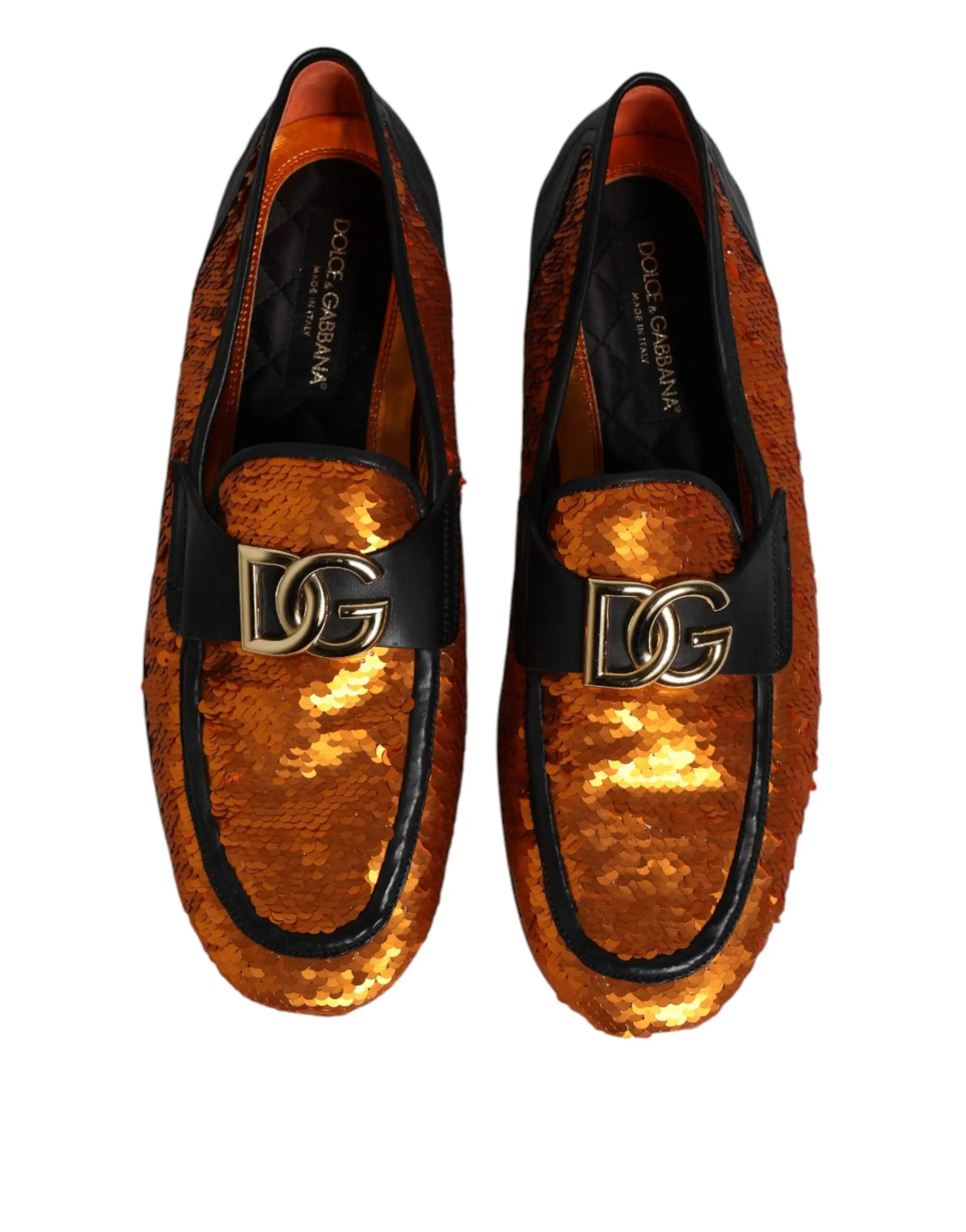 Dolce & gabbana orange sequined men loafers with black leather accents and gold dg logo buckle