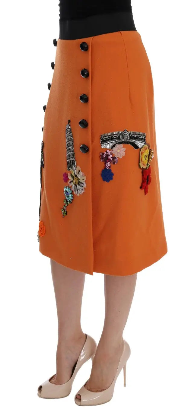 Orange midi jupe en laine dolce & gabbana avec boutons noirs et appliques de cristaux paillettes colorées