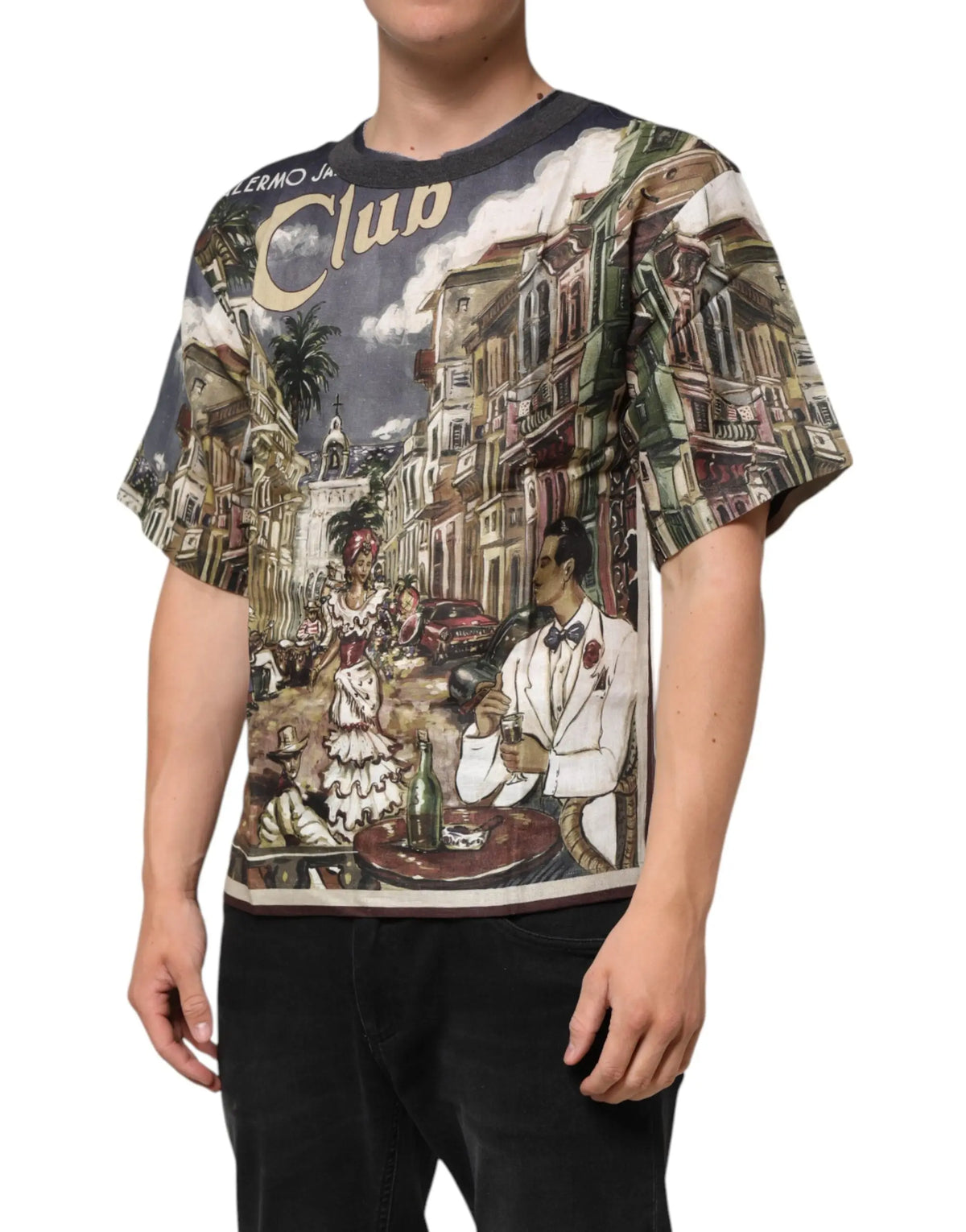 T-shirt homme dolce & gabbana en lin avec illustration élégante de scène de rue vintage couleur vive