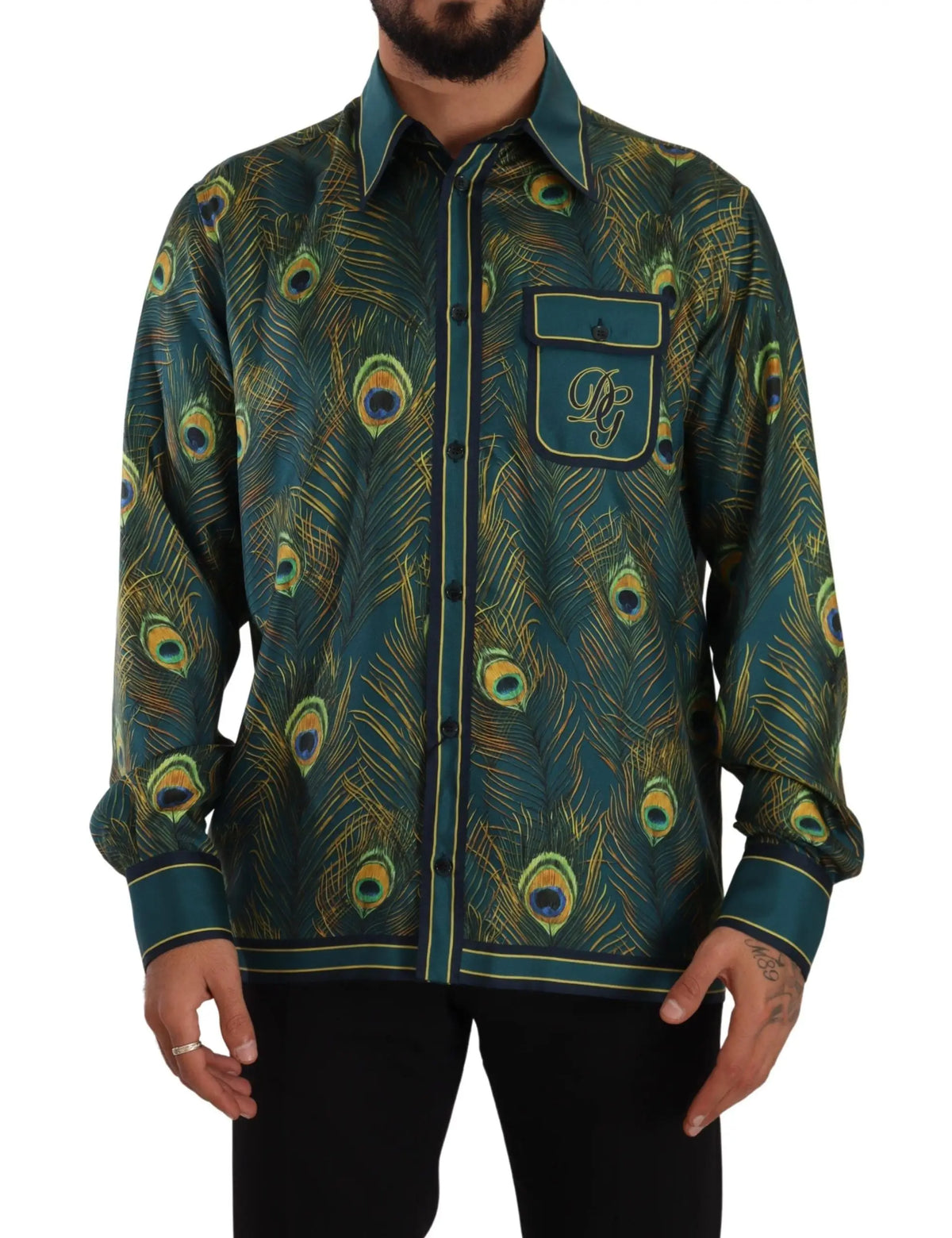 Chemise homme dolce & gabbana bleu sarcelle en soie avec motif plumes de paon et finitions assorties en biais