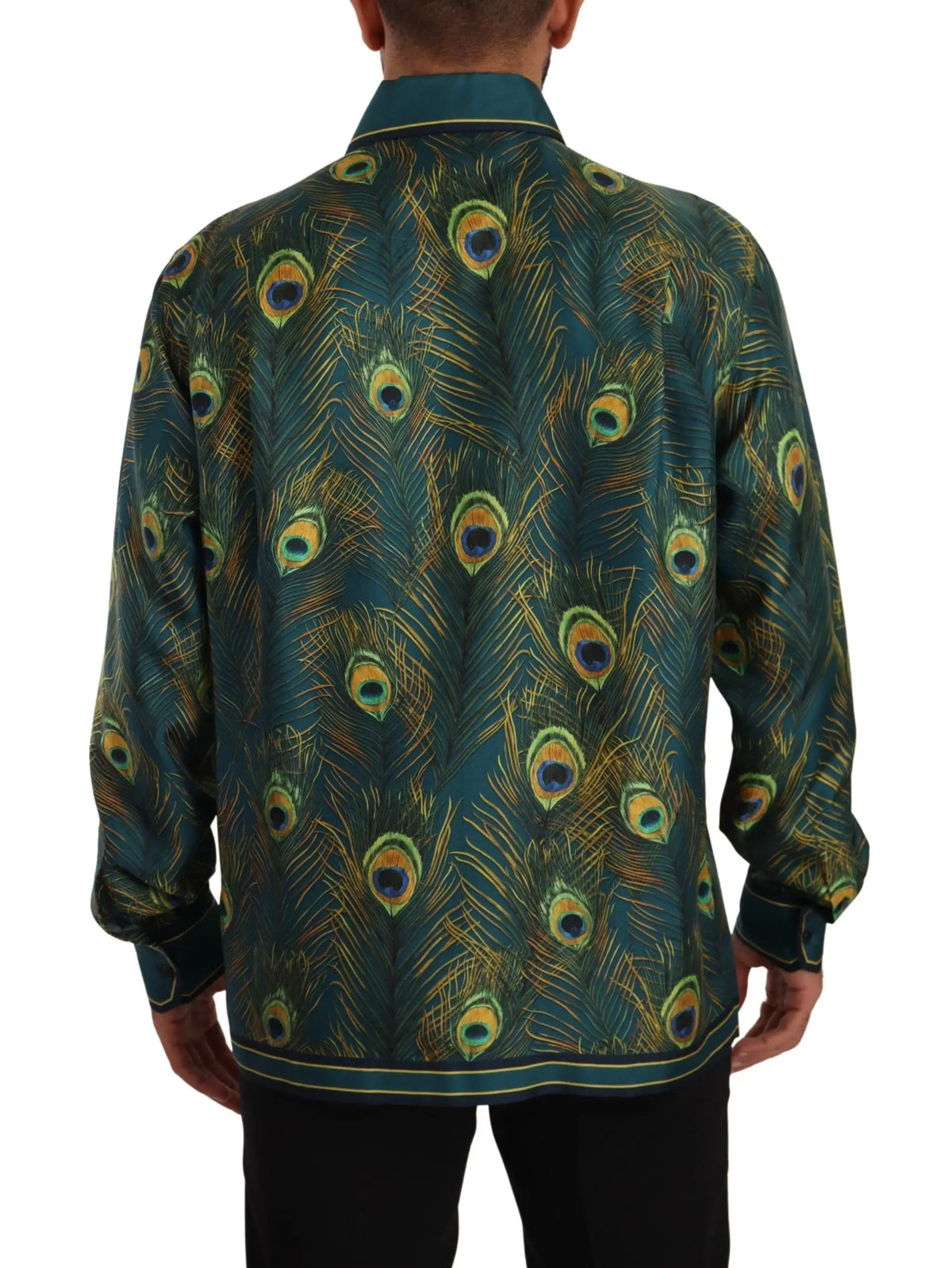 Chemise hommes manches longues dolce & gabbana en soie bleu sarcelle avec imprimé plumes de paon irisé vert et or