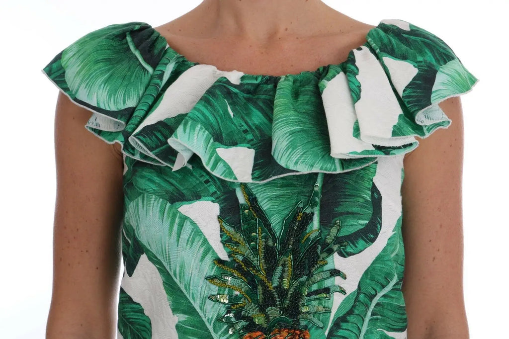 Blouse dolce & gabbana verte et blanche à motif ananas avec volants aux épaules en tissu tropical imprimé