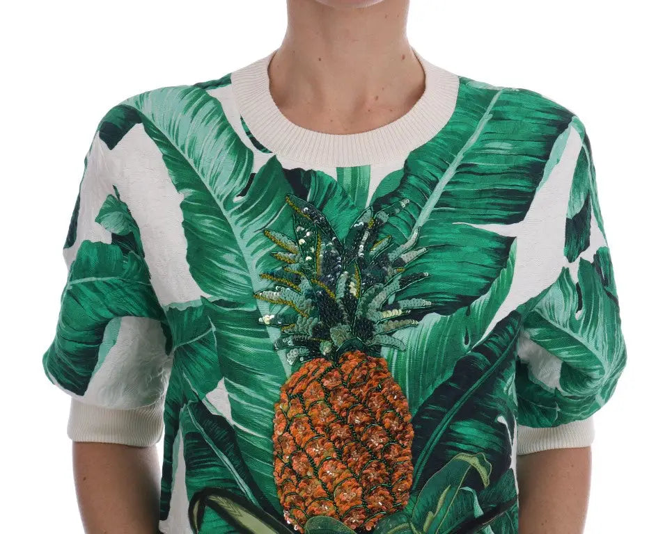 Dolce & gabbana pull crewneck tropical vert et blanc avec ananas sequins détaillé au centre
