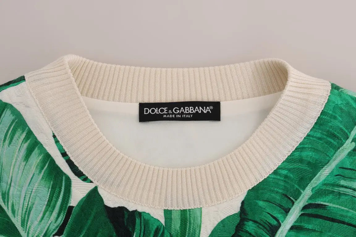 Dolce & gabbana crewneck sweater with vibrant green tropical leaf print on cream knit with ribbed details