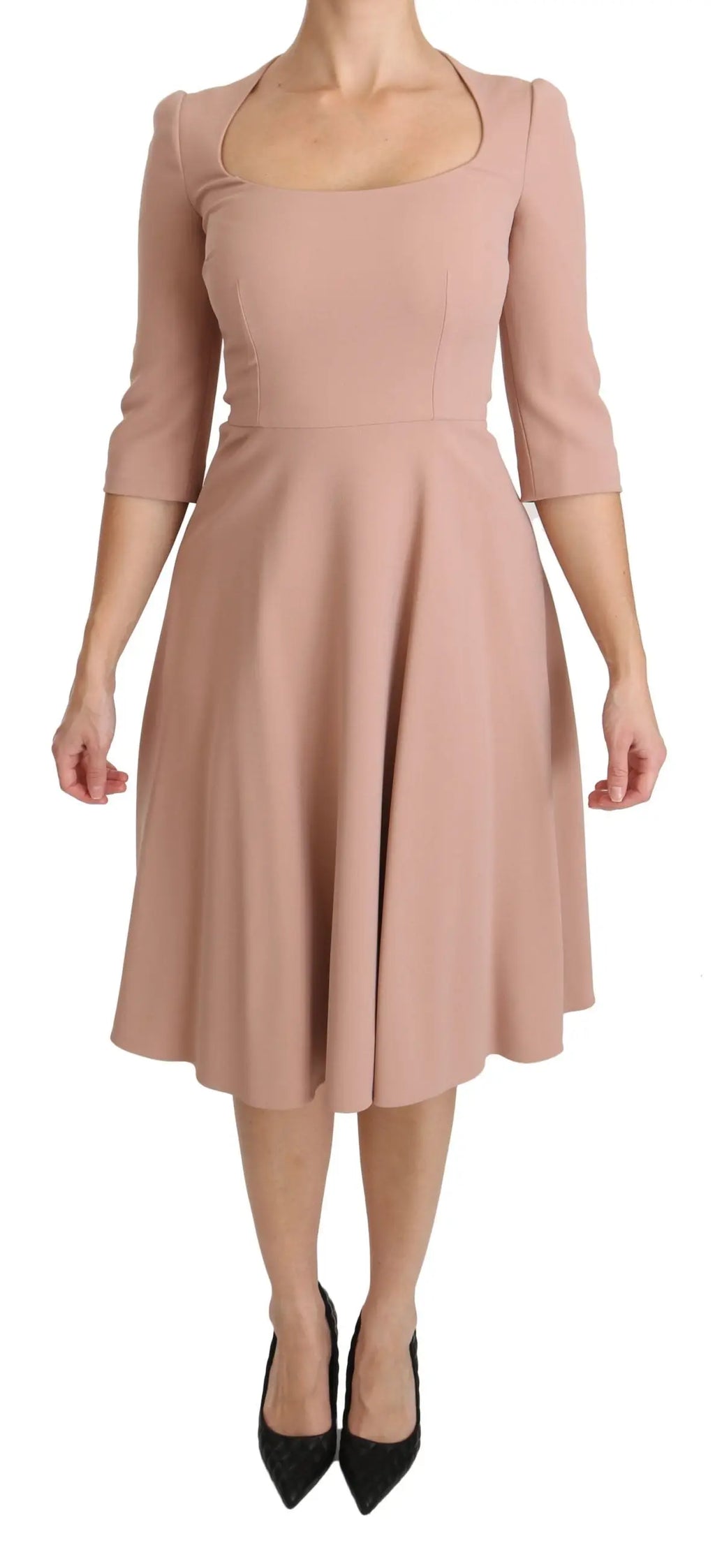 Robe a ligne en viscose rose blush doux à manches trois quarts avec encolure carrée et taille cintrée dolce gabbana