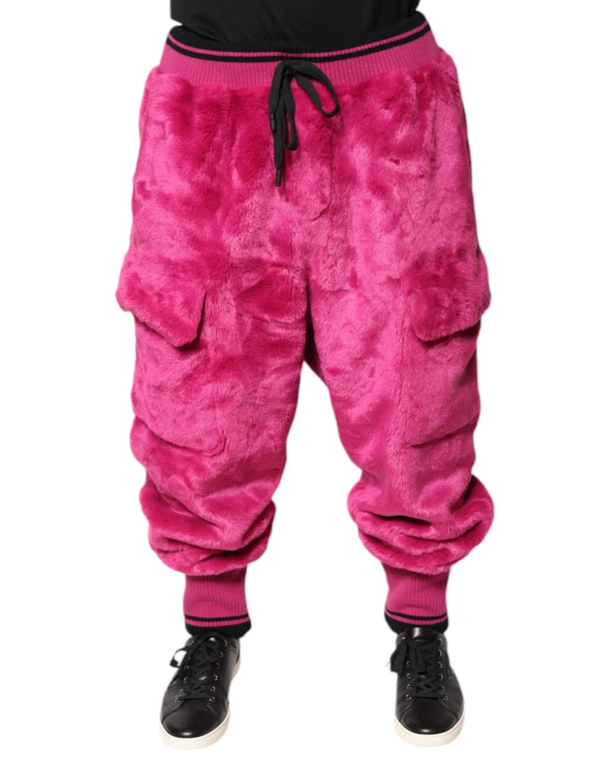 Pantalon de jogging cargo dolce gabbana rose en acrylique fausse fourrure fuchsia avec taille élastique noire et poignets côtelés