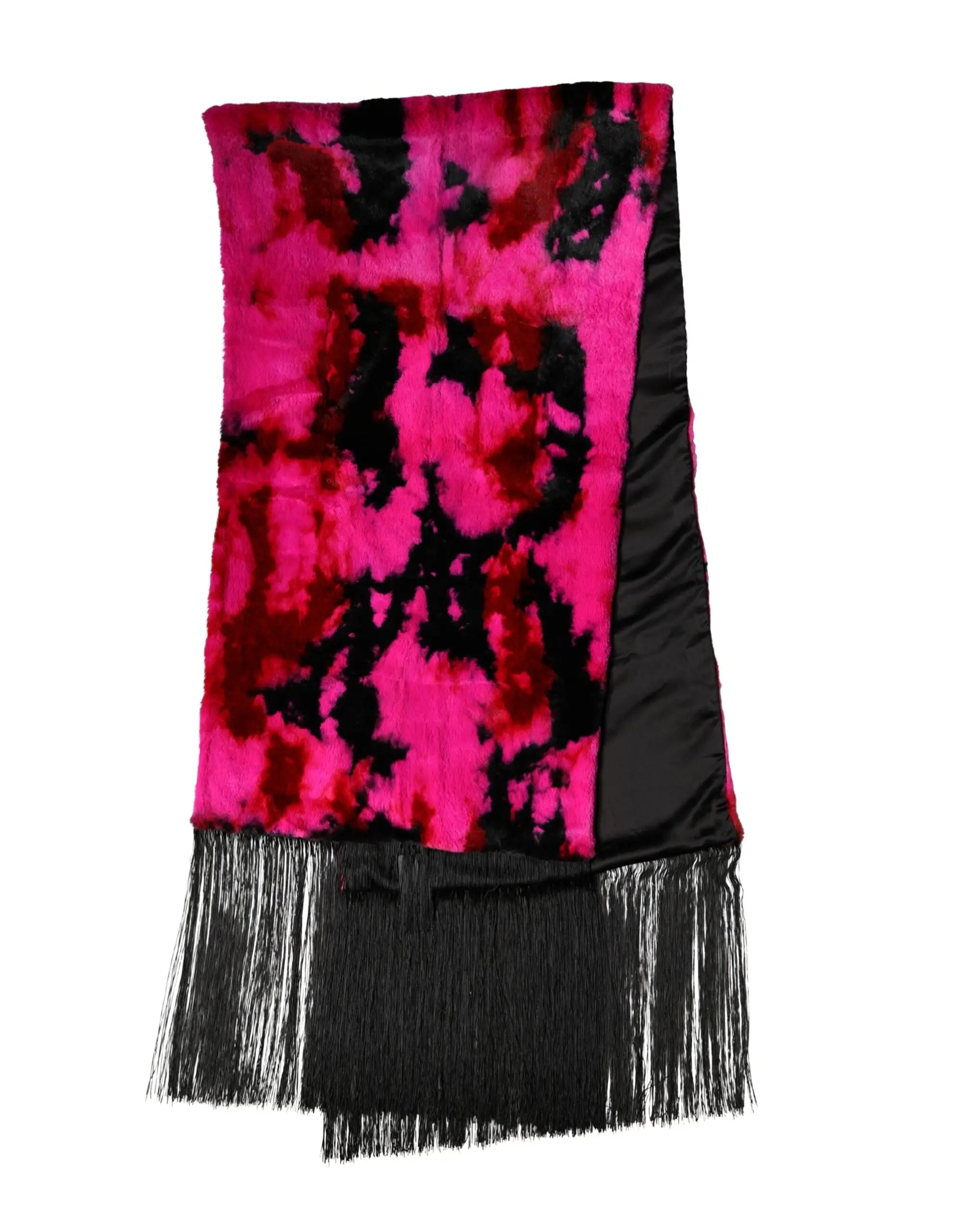 Écharpe dolce & gabbana en velours tie-dye rose et noir avec bord en satin contrasté et longues franges pendantes