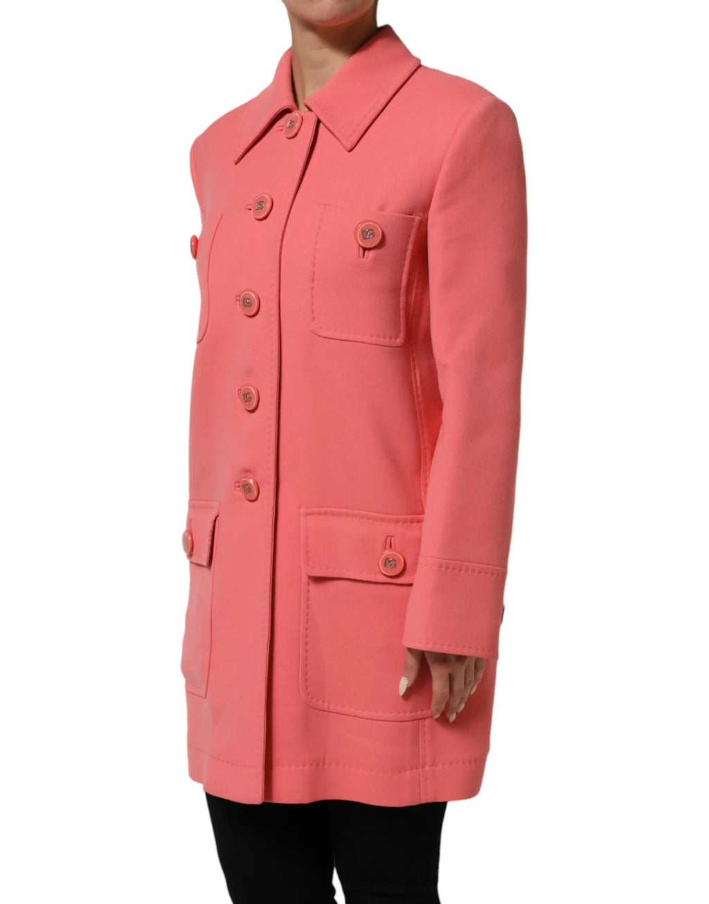 Dolce & gabbana trench coat jacket rose corail en laine structurée avec boutons assortis et poches à rabats