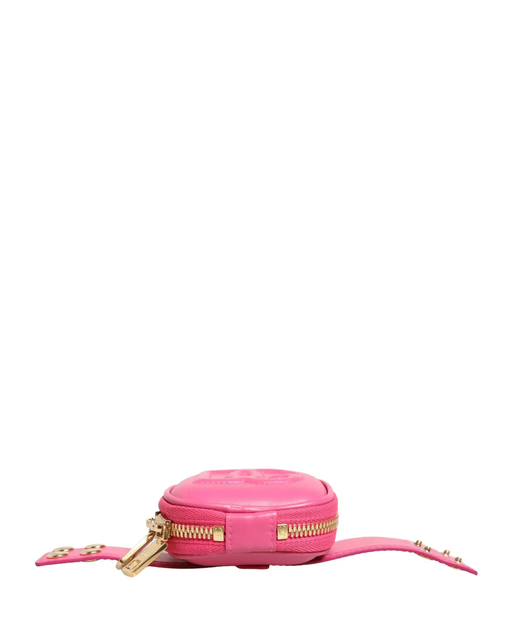 Dolce & gabbana sac ceinture rond rose en cuir de veau avec fermeture dorée et bandoulières cloutées multifunctionnel