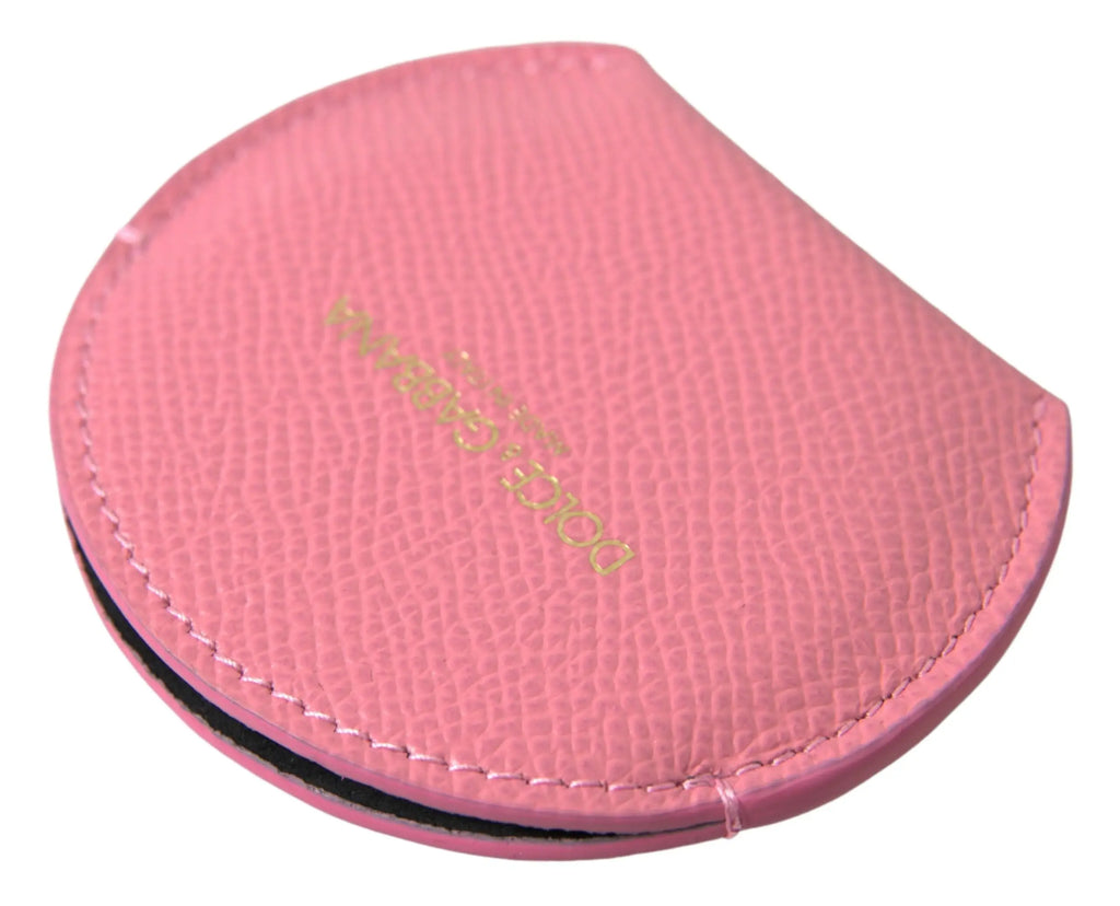 Compact mirror rond dolce & gabbana en cuir de veau rose texturé avec lettrage doré