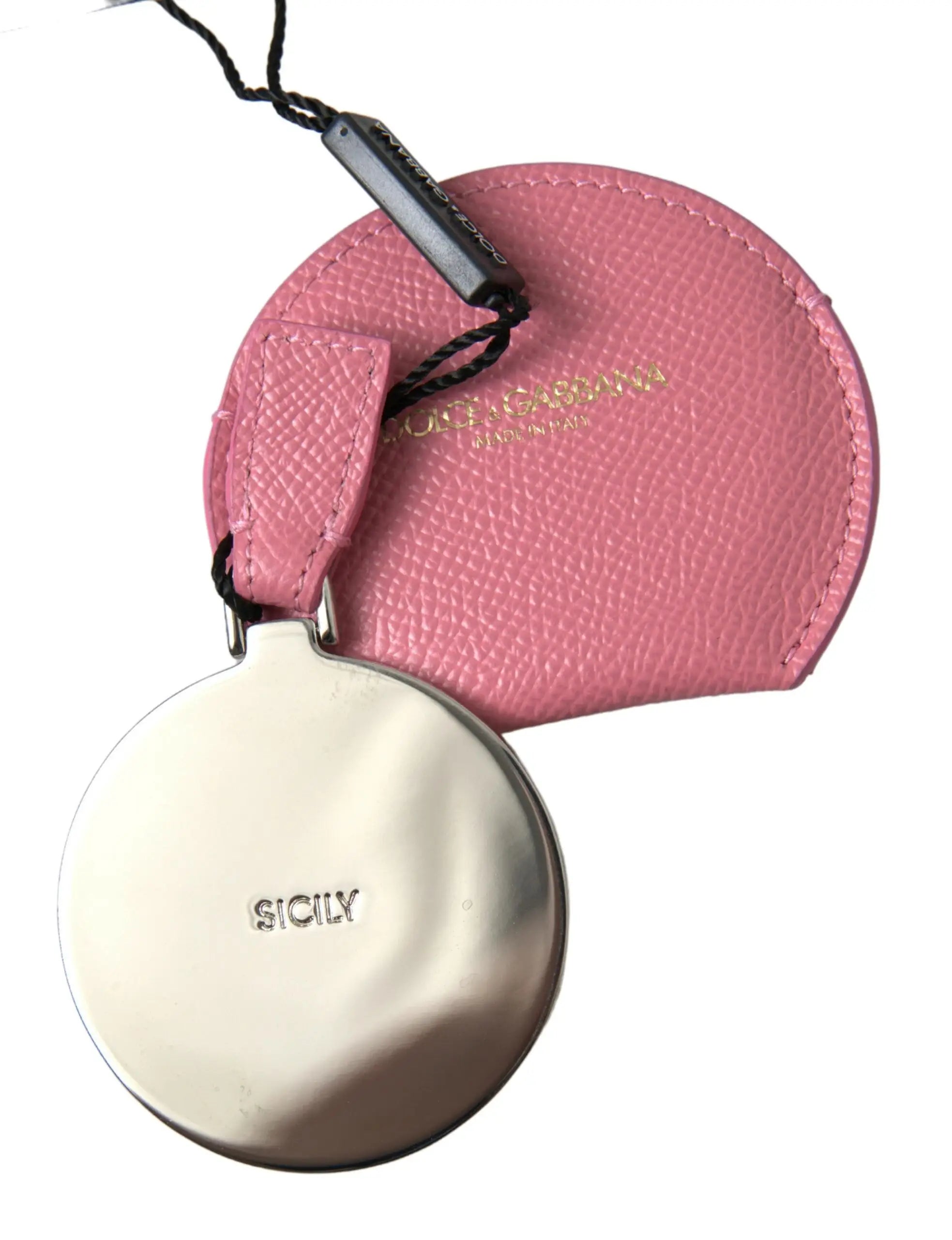 Pochette ronde dolce & gabbana en cuir de veau rose texturé avec un pendentif argent sicily attaché par cordon noir