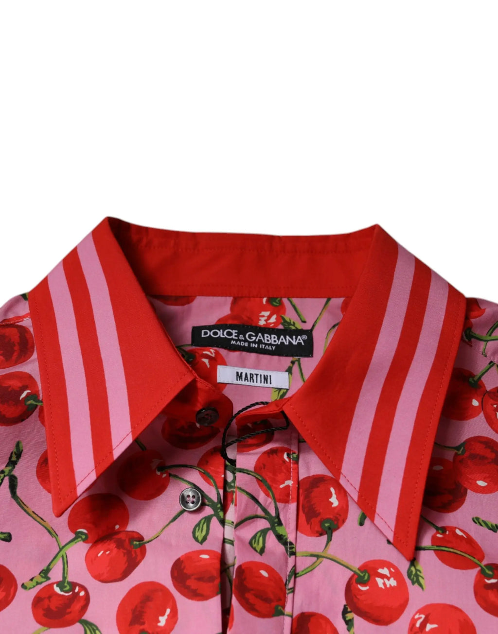 Chemise formelle dolce & gabbana martini en coton rose vif avec imprimé cerises et col rayé rouge et rose