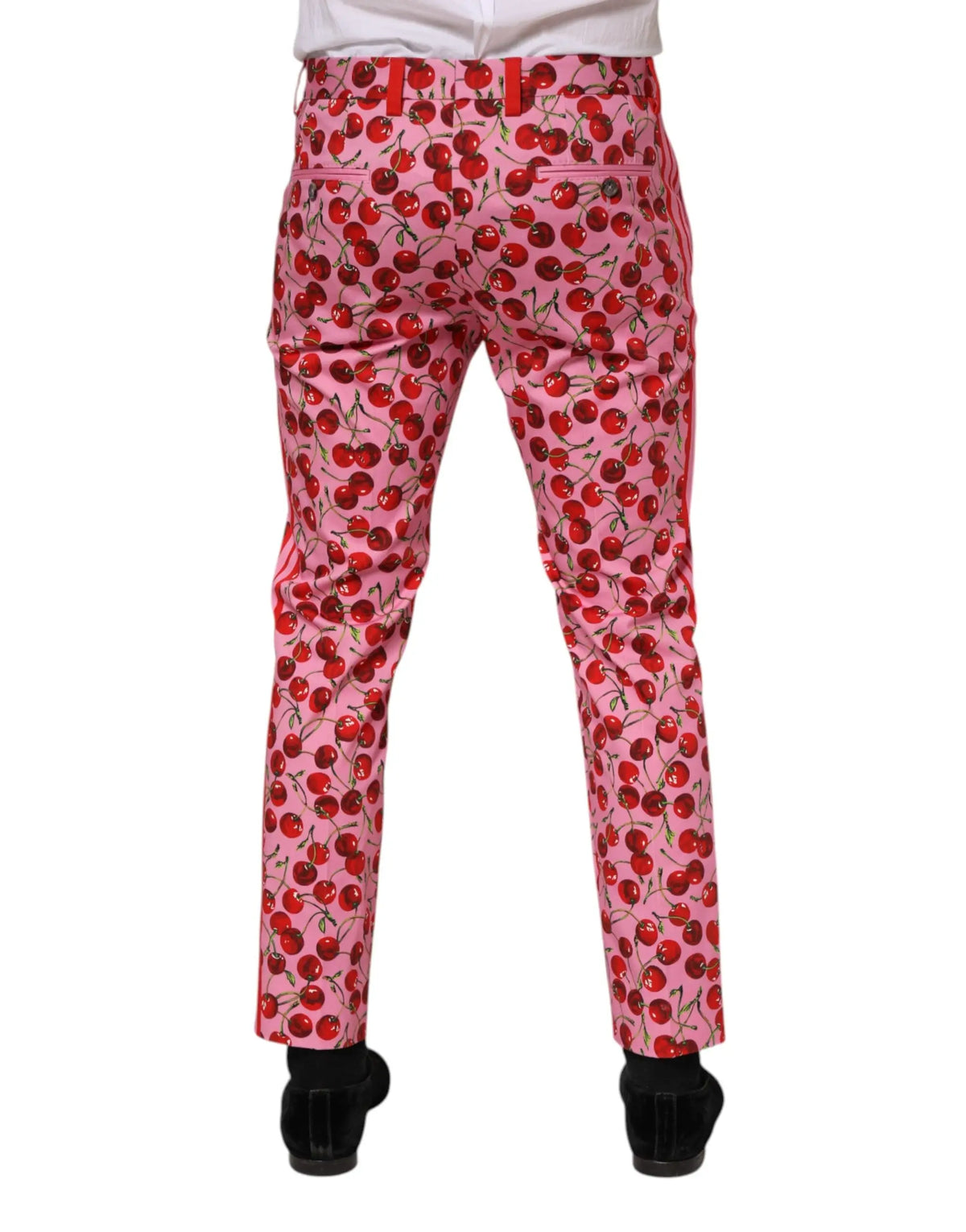 Pantalon en coton dolce & gabbana rose imprimé cerise avec passants et bandes latérales rouges