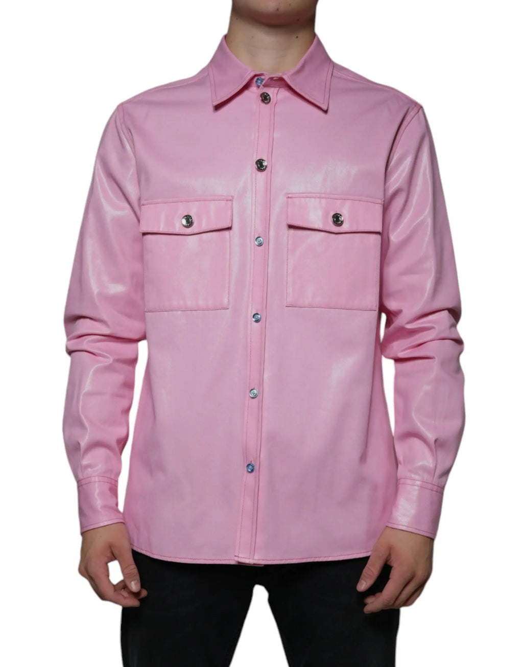 Chemise boutonnée rose en similicuir dolce & gabbana avec boutons argentés et poches poitrine en coton
