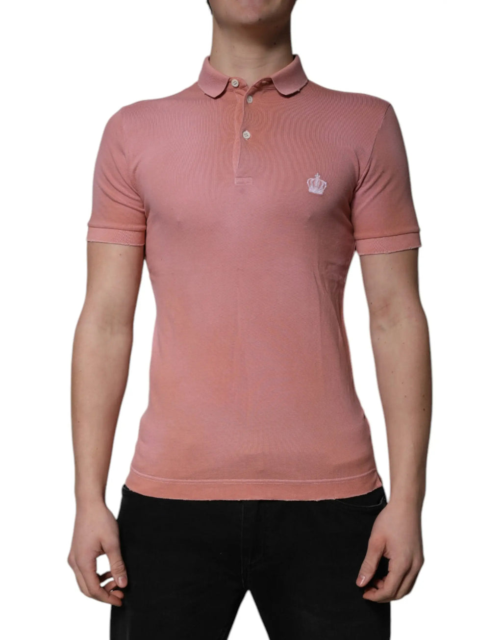 Dolce & gabbana polo col rose en coton avec texture côtelée subtile et petit emblème couronne blanc sur la poitrine