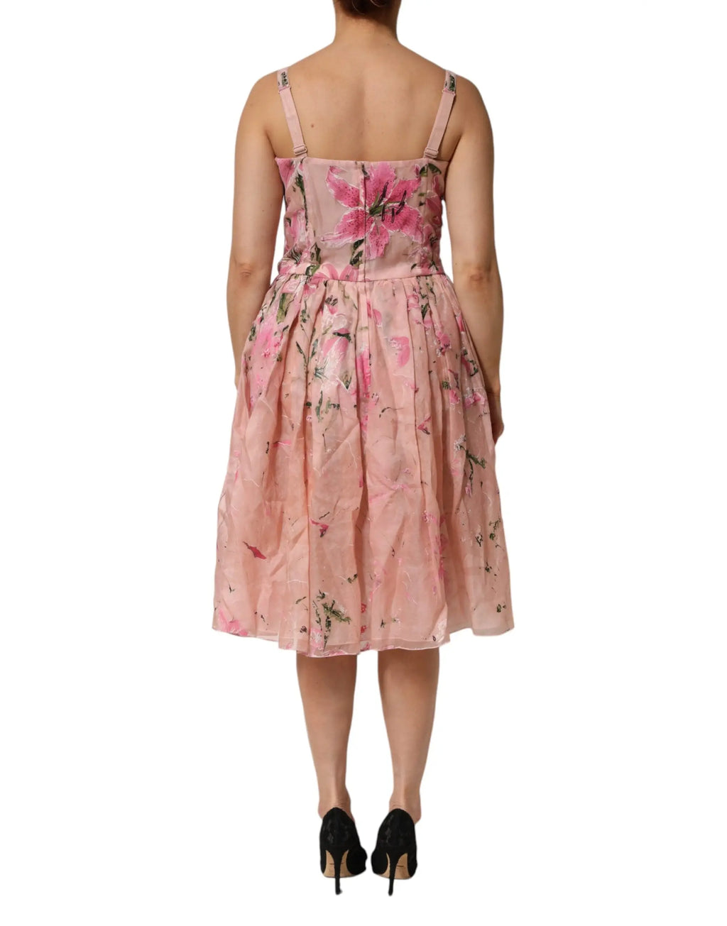 Robe midi rose en coton dolce & gabbana à imprimé floral avec bretelles fines et corsage ajusté plissé