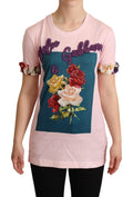 T-shirt dolce & gabbana rose en coton rose avec panneau teal brodé de roses et poignets à volants