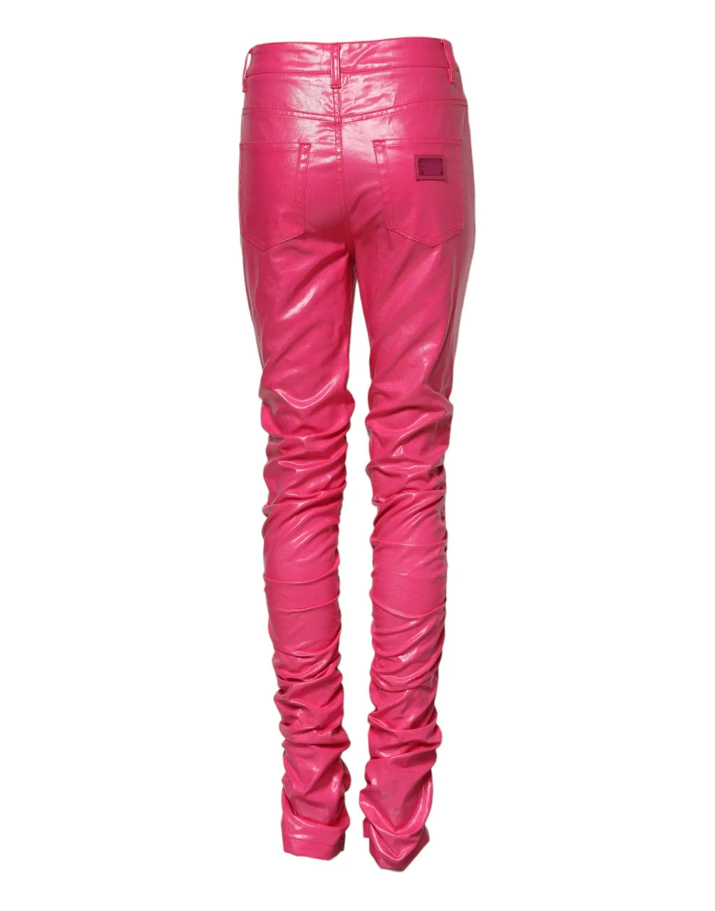 Vibrant fuchsia dolce & gabbana patent leather pants with glossy finish and ruched detailing on legs