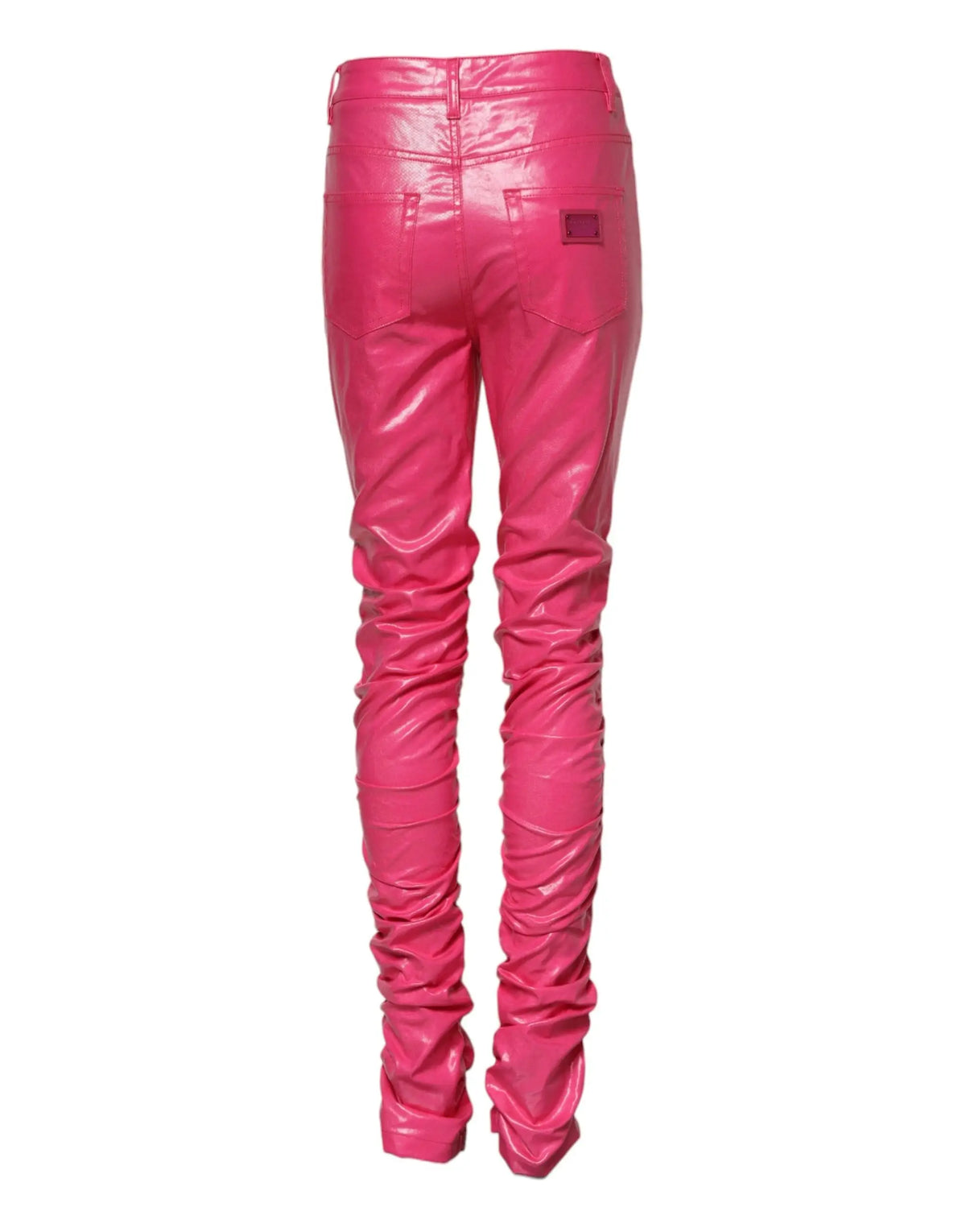 Vibrant fuchsia dolce & gabbana patent leather pants with glossy finish and ruched detailing on legs