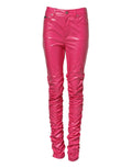 Dolce & Gabbana jean skinny taille haute en coton rose avec effet cuir brillant et détails froncés sur les jambes