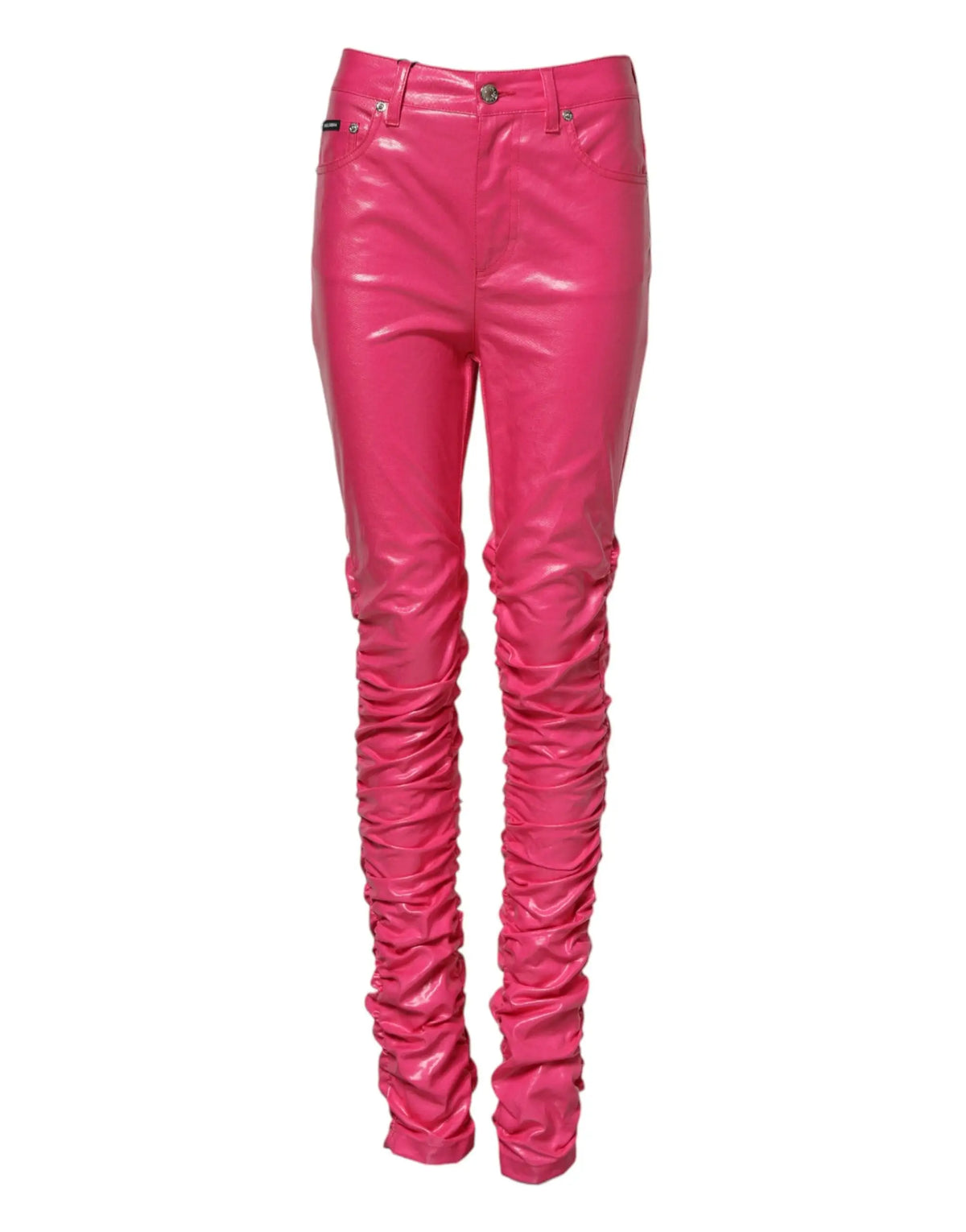 Dolce & Gabbana jean skinny taille haute en coton rose avec effet cuir brillant et détails froncés sur les jambes