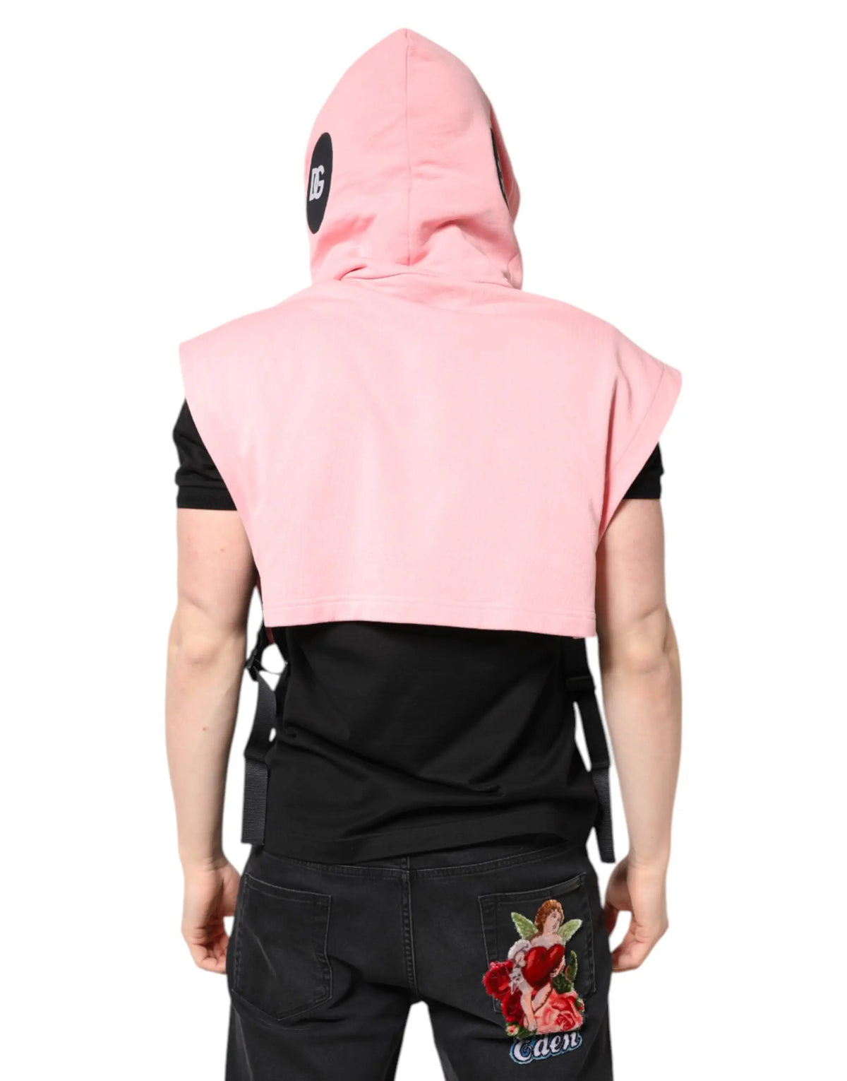 Dolce & Gabbana veste sportive homme en coton rose avec capuche sans manches et logo circulaire noir sur la capuche