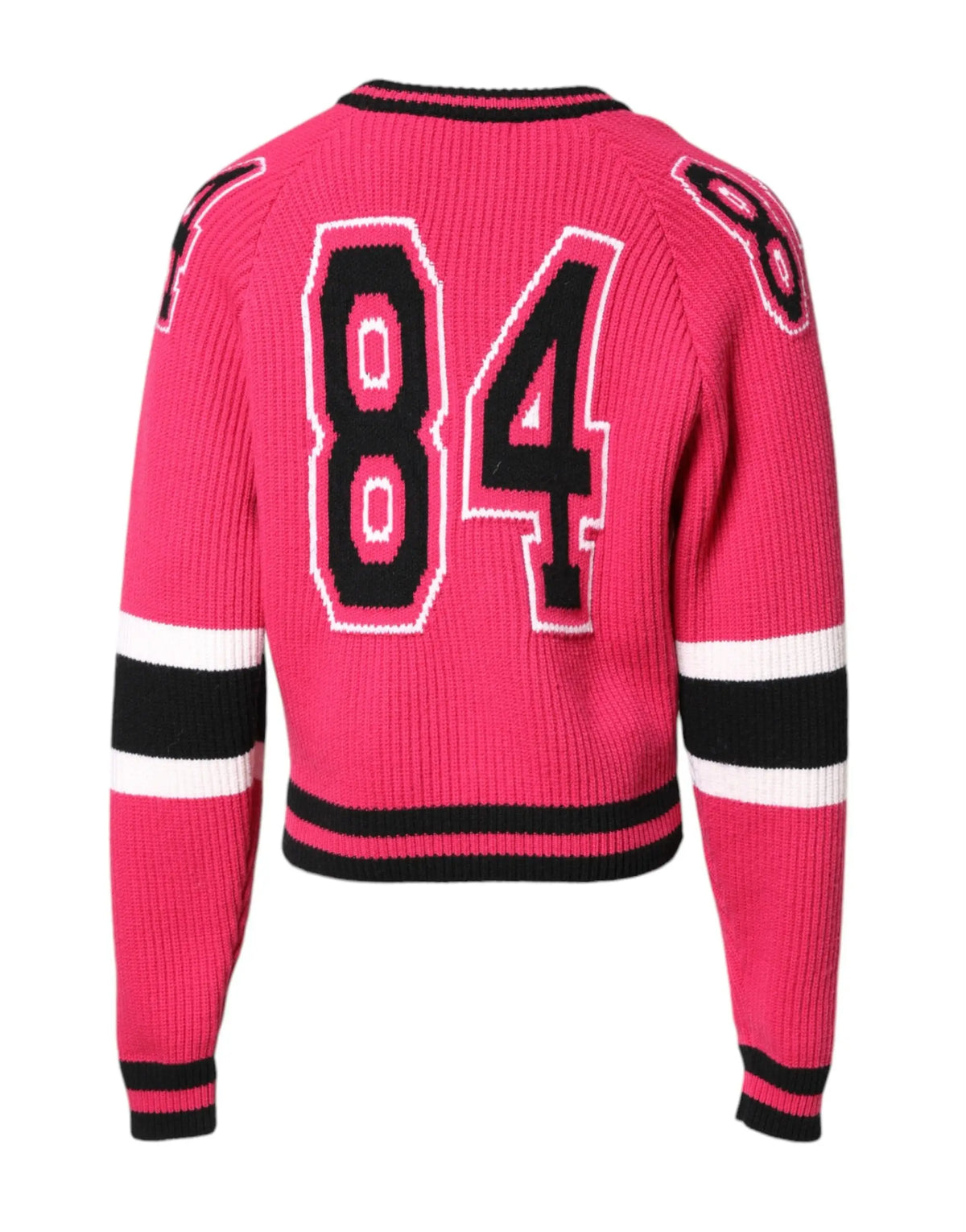 Dolce & gabbana pull en coton rose avec logo tricoté 84 noir et blanc au dos avec poignets et ourlet côtelés