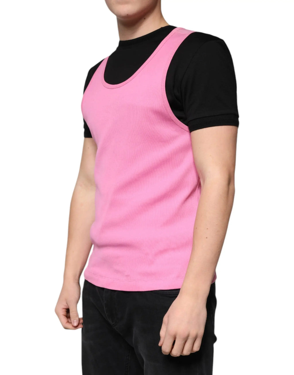Dolce & Gabbana débardeur en coton côtelé color block rose et noir avec manches courtes et col rond