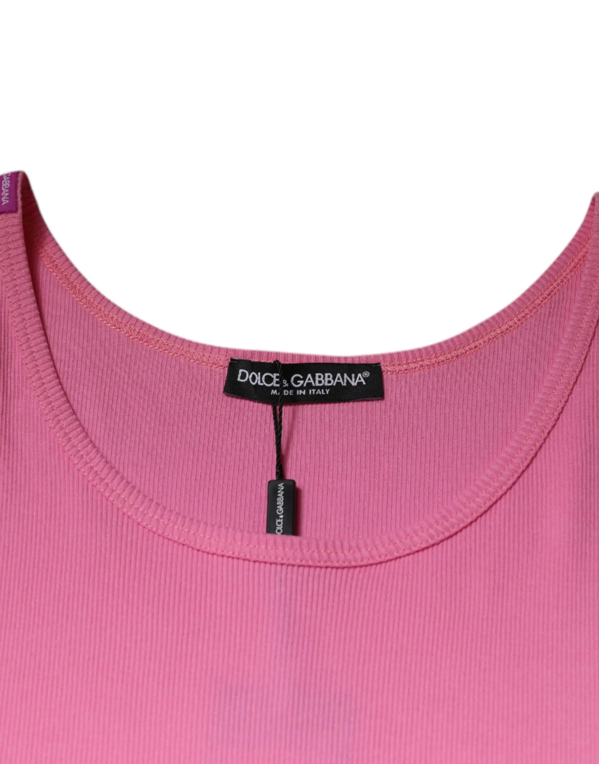 Top sans manches dolce & gabbana rose en coton côtelé avec col rond et étiquette noire de la marque