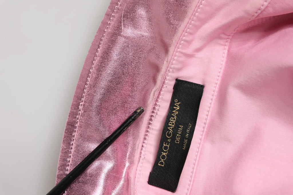 Étiquette en denim métallisé rose de dolce & gabbana sur veste courte en coton stretch rose col à revers