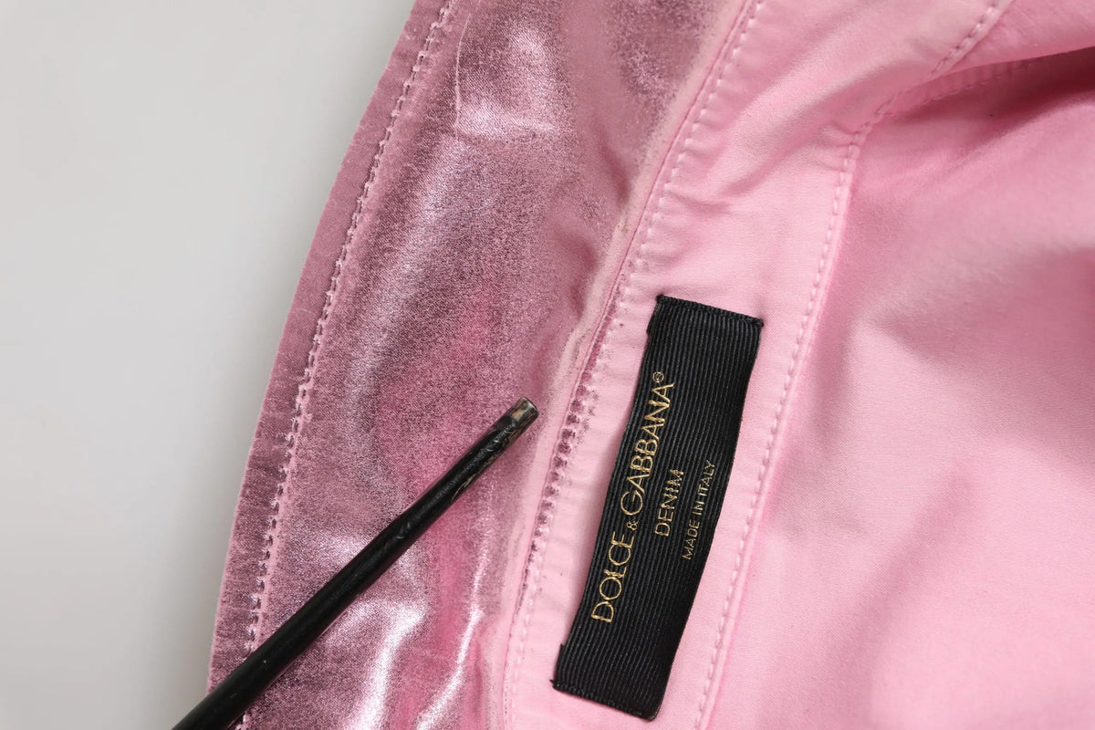 Étiquette en denim métallisé rose de dolce & gabbana sur veste courte en coton stretch rose col à revers