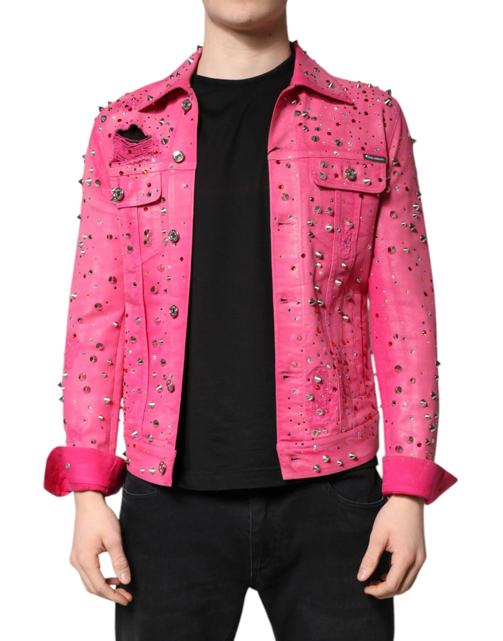 Dolce & gabbana veste en denim rose vif embellie de cristaux avec studs argentés et patch usé sur l’épaule gauche