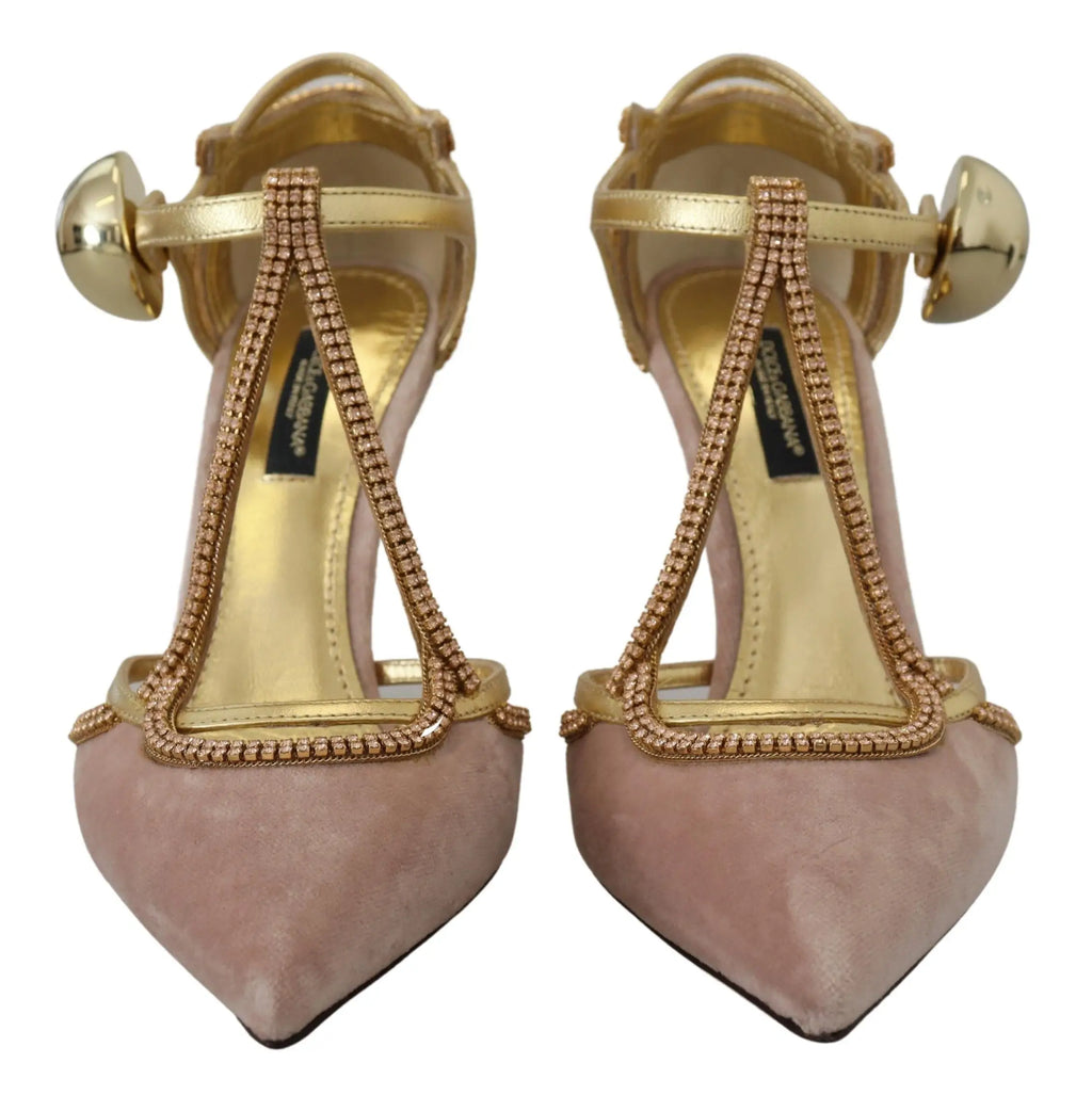 Chaussures dolce & gabbana roses en daim à talons hauts avec brides t-strap en métal doré et cristaux
