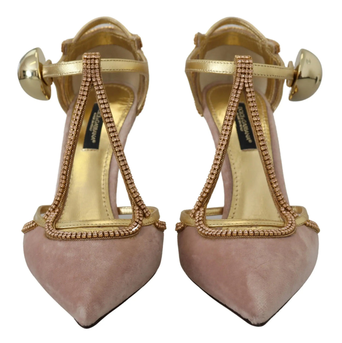 Chaussures dolce & gabbana roses en daim à talons hauts avec brides t-strap en métal doré et cristaux