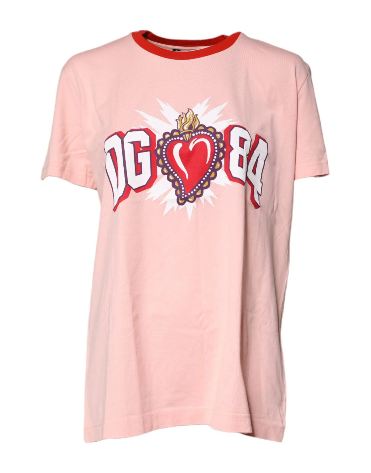 T-shirt rose dolce & gabbana en coton avec impression rouge et blanche dg 84 et cœur sacré central