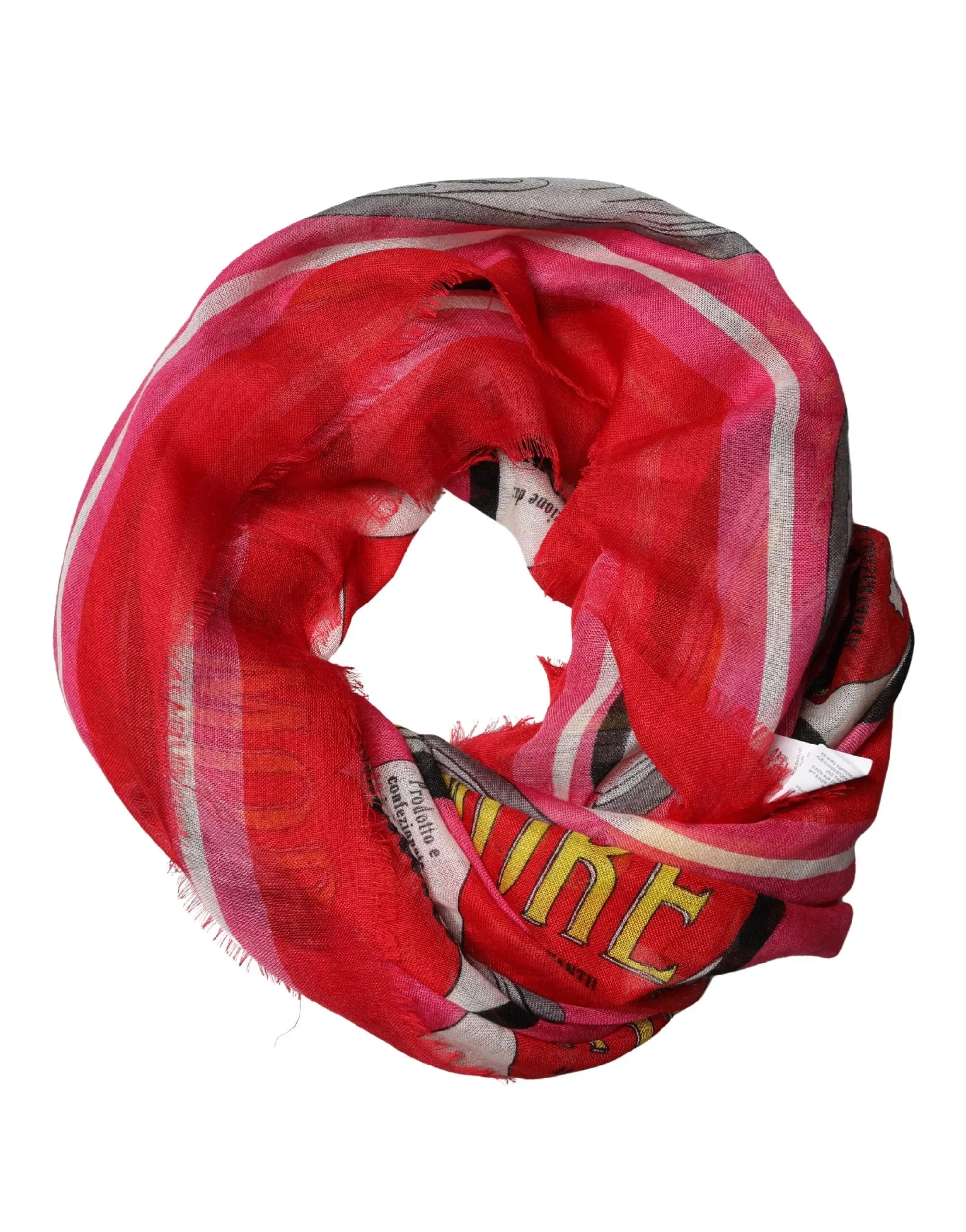 Foulard carré dolce gabbana rose avec imprimé dg amore rouge vif et motifs graphiques noirs blancs et or 140x135cm