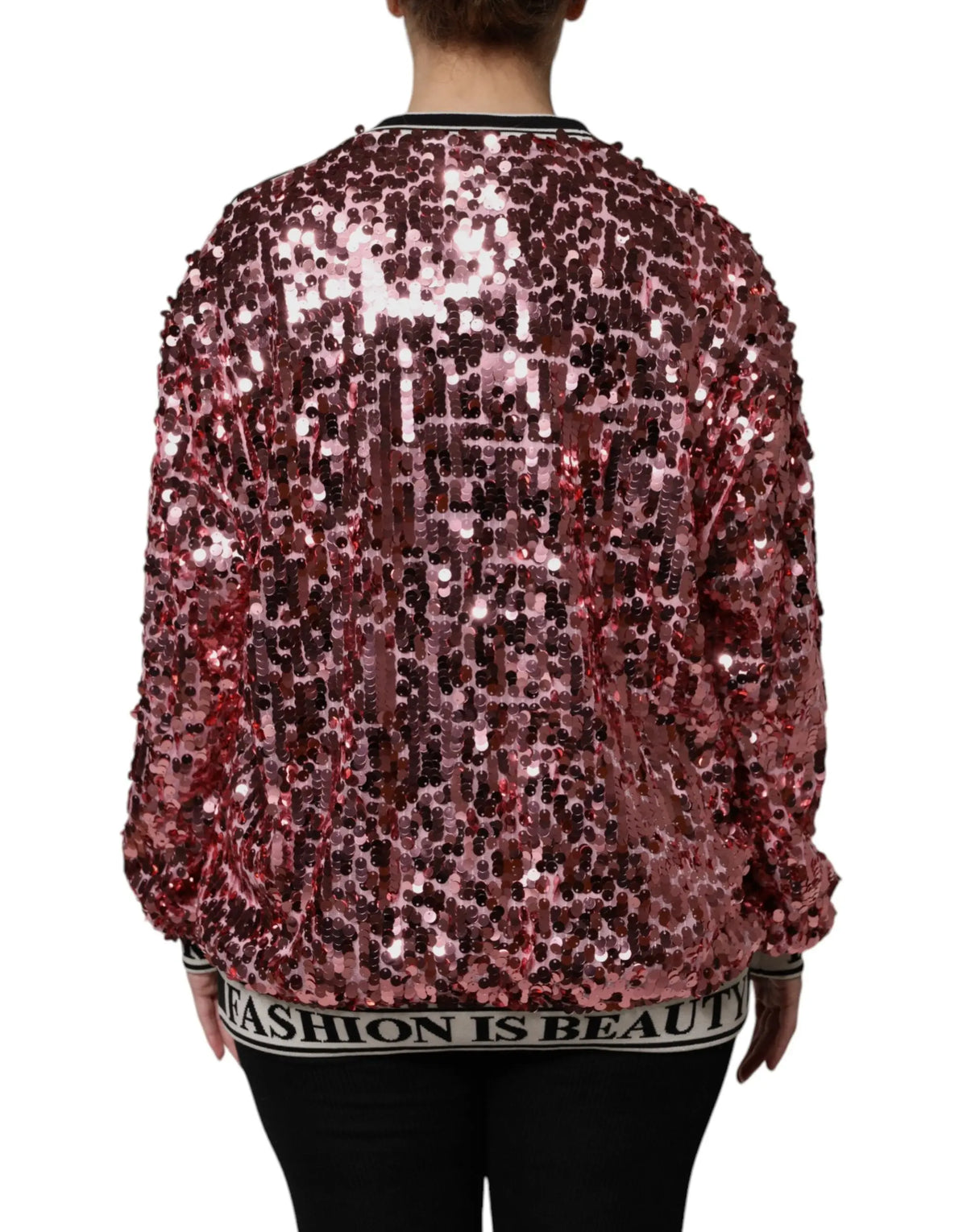Veste bomber rose gold en sequins dolce & gabbana avec col, poignets et taille noir et blanc affichant fashion is beauty