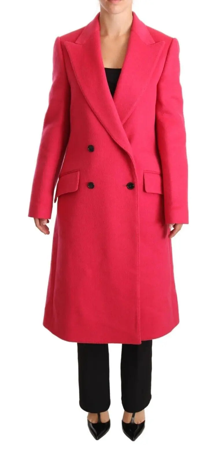 Dolce & Gabbana trenchcoat rose fuchsia en laine double boutonnage avec boutons noirs et poches à rabat
