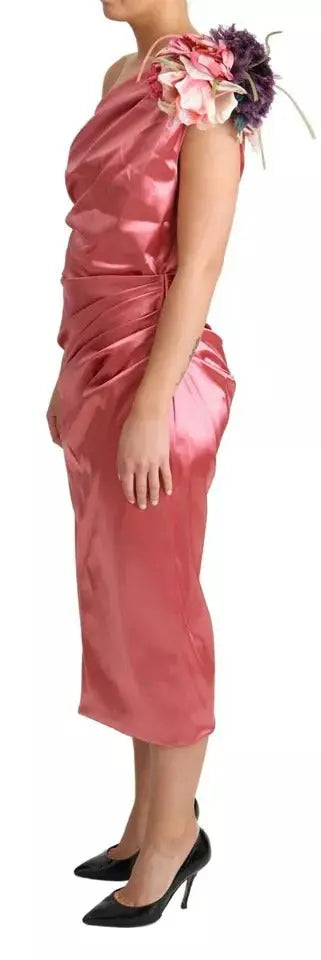 Robe midi drapée rose scintillante en satin avec corsage froncé et application florale ornée dolce gabbana