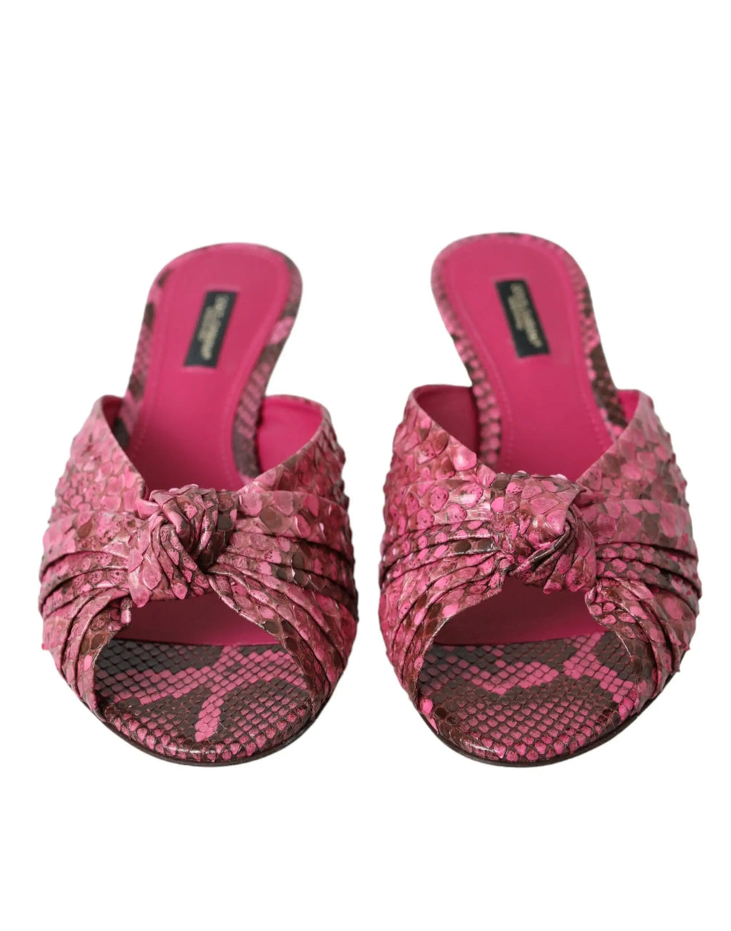 Dolce & gabbana mules en cuir rose à imprimé serpent avec détail noué à l’avant et talons kitten élégants