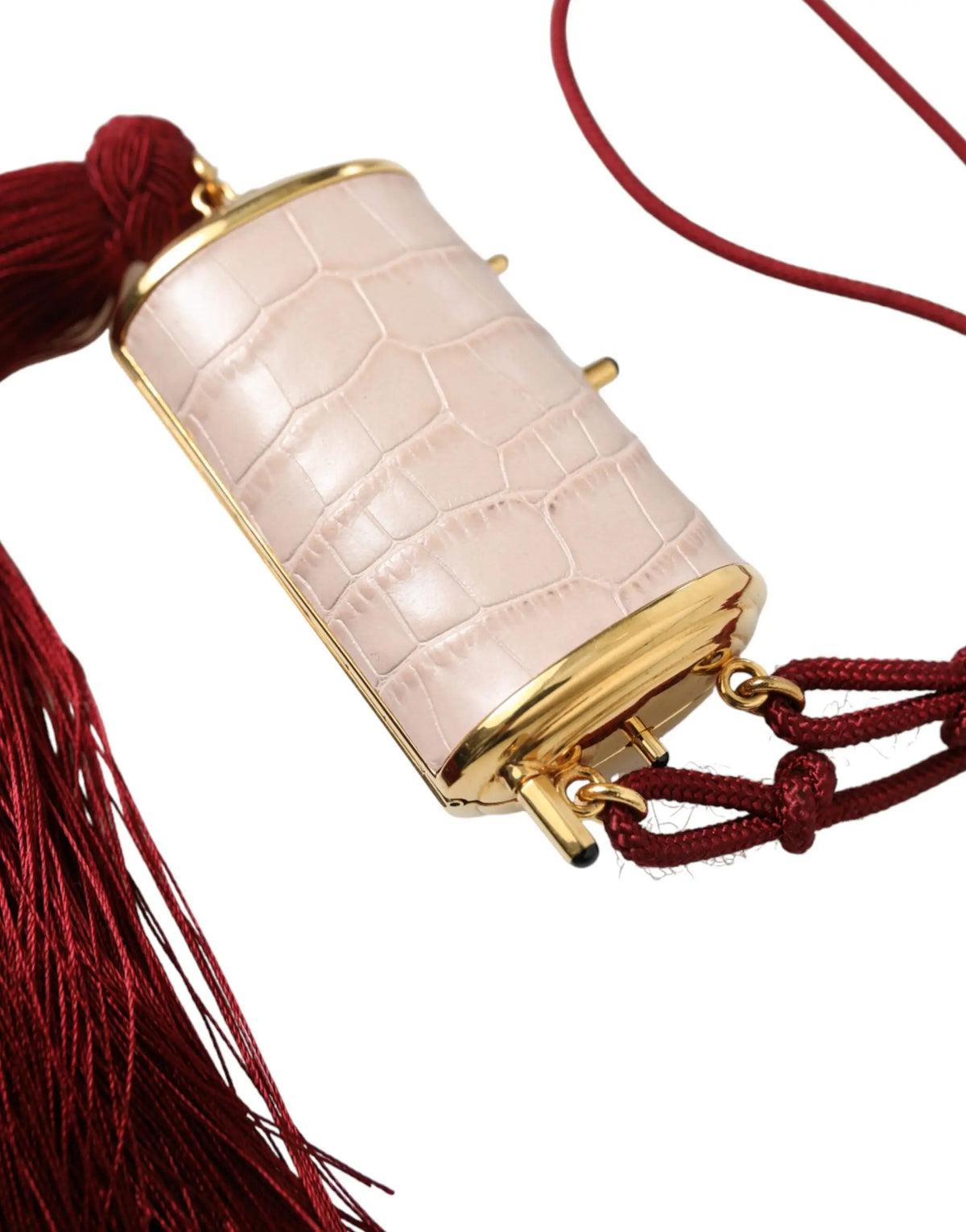 Dolce & gabbana blush rose étui à téléphone cylindrique en cuir exotique crocodile avec accents métalliques dorés et pampille rouge