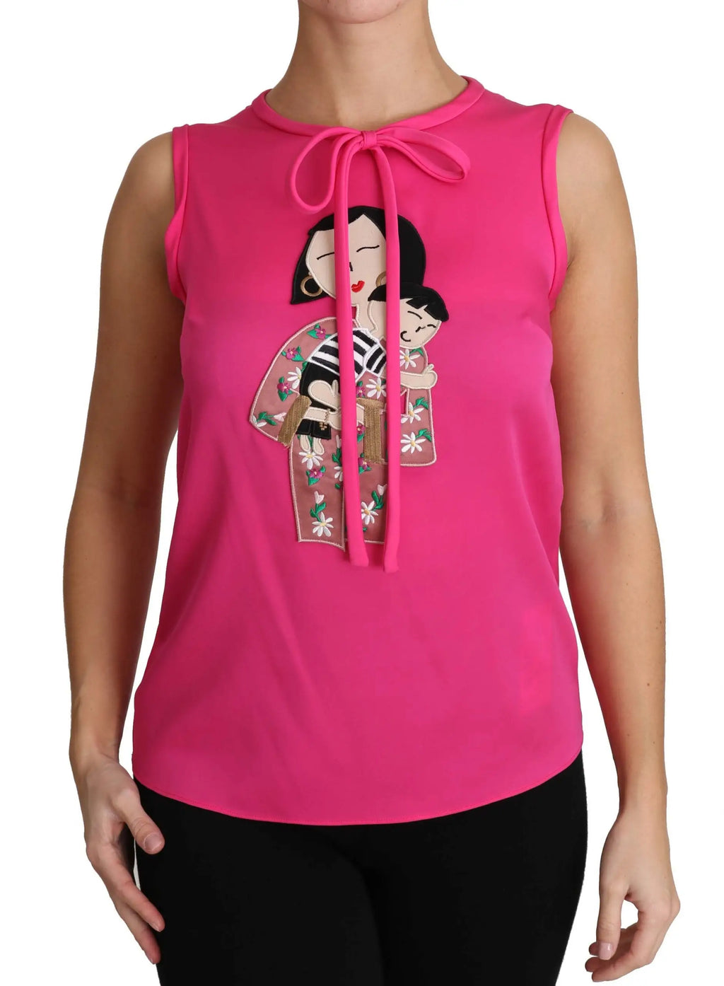 Vibrant pink silk sleeveless top by dolce & gabbana featuring embroidered woman in floral kimono holding child and fabric ties