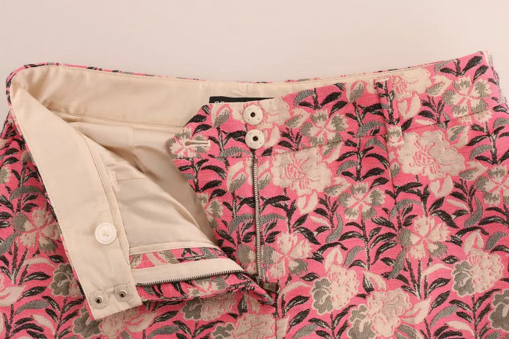 Pantalon capri dolce gabbana en brocart rose à motif floral avec doublure beige et boutons blancs