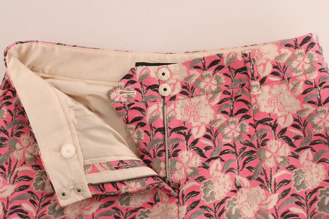 Pantalon capri dolce gabbana en brocart rose à motif floral avec doublure beige et boutons blancs